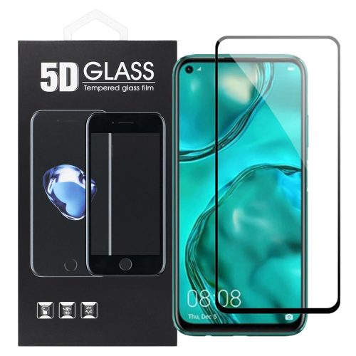 Huawei P40 Lite üvegfólia, tempered glass, előlapi, 5D, edzett, hajlított, fekete kerettel