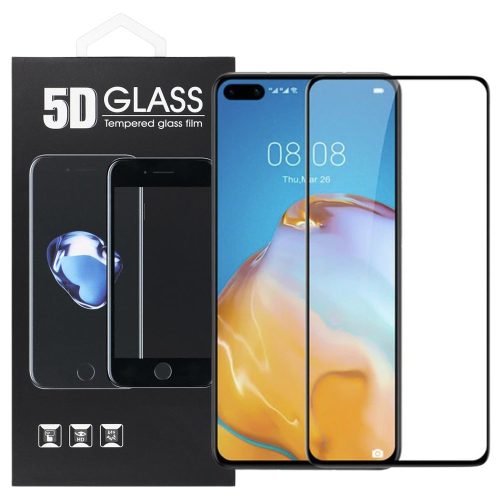 Huawei P40 üvegfólia, tempered glass, előlapi, 5D, edzett, hajlított, fekete kerettel