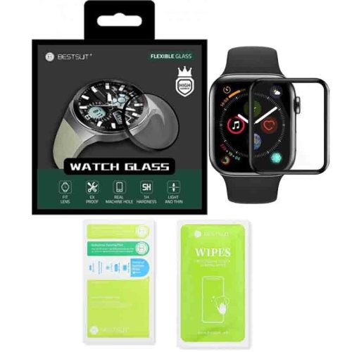 Apple Watch 4, Watch 5, 44mm okosóra üvegfólia, tempered glass, hibrid, flexibilis, edzett, 3D, fekete kerettel, Bestsuit