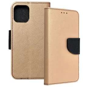   iPhone 12 Mini könyvtok, fliptok, telefon tok, bankkártyatartós, mágneszáras, arany-fekete, Fancy