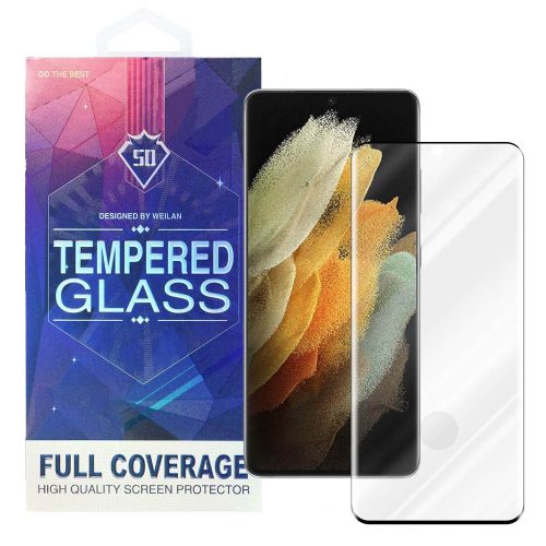 Samsung Galaxy S21 Ultra 5G üvegfólia, tempered glass, előlapi, 5D, edzett, hajlított, újjlenyomat olvasónál kivágott, fekete kerettel