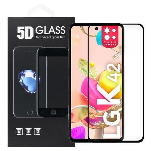 LG K42 üvegfólia, tempered glass, előlapi, 5D, edzett, hajlított, fekete kerettel