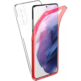  Samsung Galaxy S21 5G telefon tok, szilikon előlap+műanyag hátlap, elő+hátlapi, 360 fokos védelem, átlátszó, piros kerettel