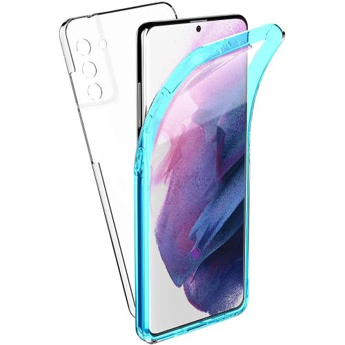 Samsung Galaxy S21 Plus 5G (S21+ 5G) telefon tok, szilikon előlap+műanyag hátlap, elő+hátlapi, 360 fokos védelem, átlátszó, kék kerettel