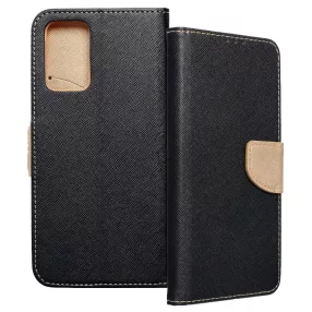   Samsung Galaxy A72 4G / 5G könyvtok, fliptok, telefon tok, bankkártyatartós, fekete-arany, Fancy