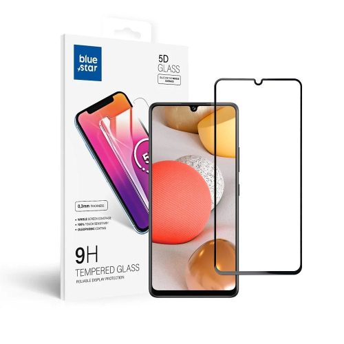 Samsung Galaxy A42 5G üvegfólia, tempered glass, előlapi, 5D, edzett, hajlított, fekete kerettel, BlueStar