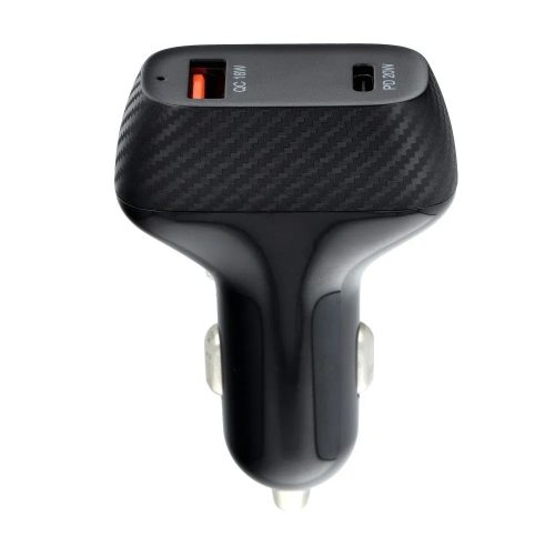 Szivartöltő fej, autós töltő, USB + USB-C (Type-C) port, QC3.0, 18W+20W, carbon mintás, fekete, CC271-1C1A