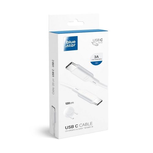 Type-C adatkábel, töltőkábel, Type-C - Type-C, USB-C, fehér, 3A 1.2m, BlueStar