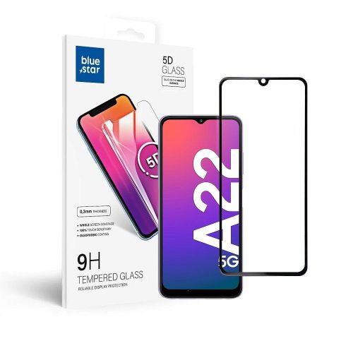 Samsung Galaxy A22 5G üvegfólia, tempered glass, előlapi, 5D, edzett, hajlított, fekete kerettel, BlueStar