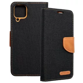   Samsung Galaxy A22 4G könyvtok, fliptok, telefon tok, mágneszáras, bankkártya tartós, fekete, Canvas