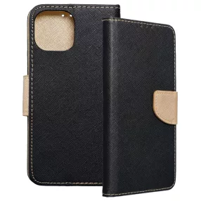   iPhone 13 Mini könyvtok, fliptok, telefon tok, bankkártyatartós, mágneszáras, fekete-arany, Fancy