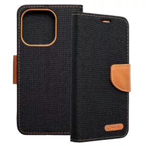   iPhone 13 Pro könyvtok, fliptok, telefon tok, mágneszáras, bankkártya tartós, fekete, Canvas