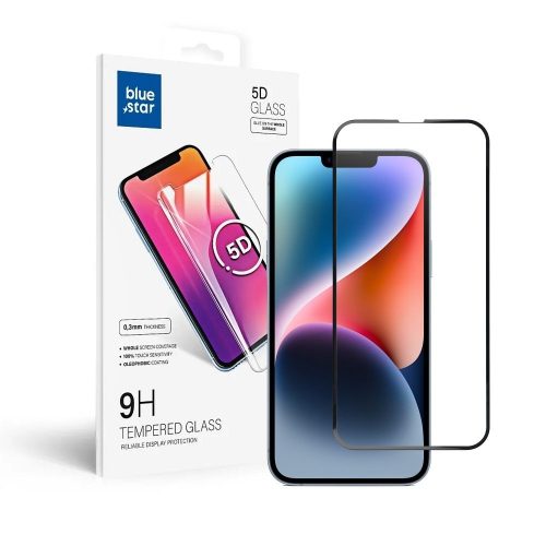 iPhone 13 Pro Max / 14 Plus üvegfólia, tempered glass, előlapi, 5D, edzett, hajlított, fekete kerettel, BlueStar