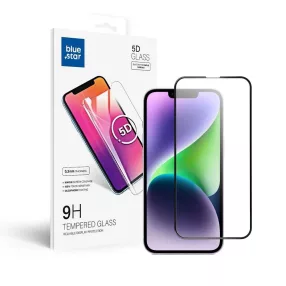   iPhone 13 / 13 Pro / 14 / 16e / 17e üvegfólia, tempered glass, előlapi, 5D, edzett, hajlított, fekete kerettel, BlueStar