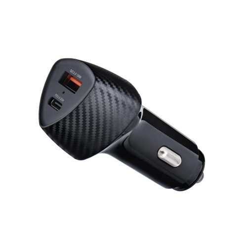 Szivartöltő fej, autós töltő, USB + USB-C (Type-C) port, QC3.0, 18W+20W, carbon mintás, fekete, Forcell CC50-1A1C
