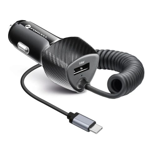 Szivartöltő fej, autós töltő, USB port, USB-C (Type-C) töltőkábel, gyorstöltő, 18W+20W, carbon mintás, fekete, Forcell CC50-1AC