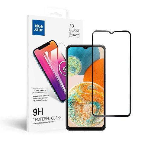 Samsung Galaxy A23 5G üvegfólia, tempered glass, előlapi, 5D, edzett, hajlított, fekete kerettel, BlueStar