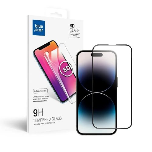 iPhone 14 Pro üvegfólia, tempered glass, előlapi, 5D, edzett, hajlított, fekete kerettel, BlueStar