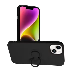   iPhone 14 szilikon tok, hátlaptok, telefon tok, velúr belsővel, gyűrűvel, matt, fekete, Silicone Ring