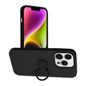   iPhone 14 Pro szilikon tok, hátlaptok, telefon tok, velúr belsővel, gyűrűvel, matt, fekete, Silicone Ring