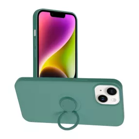   iPhone 14 szilikon tok, hátlaptok, telefon tok, velúr belsővel, gyűrűvel, matt, zöld, Silicone Ring