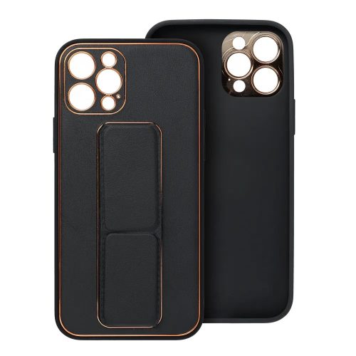 iPhone 14 Pro Max hátlap tok, telefon tok, műbőr, kitámasztható, fekete, Leather
