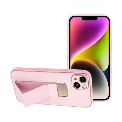 iPhone 14 Plus hátlap tok, telefon tok, műbőr, kitámasztható, rózsaszín, Leather