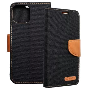   iPhone 14 könyvtok, fliptok, telefon tok, mágneszáras, bankkártya tartós, fekete, Canvas