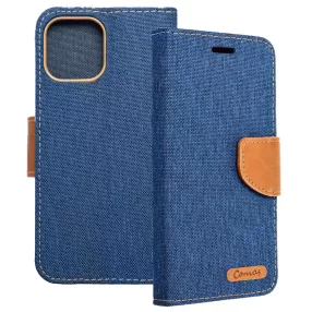   iPhone 14 könyvtok, fliptok, telefon tok, mágneszáras, bankkártya tartós, kék, Canvas