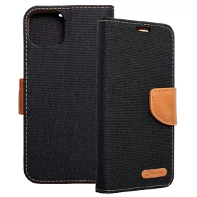   iPhone 14 Plus könyvtok, fliptok, telefon tok, mágneszáras, bankkártya tartós, fekete, Canvas