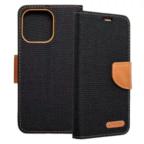   iPhone 14 Pro Max könyvtok, fliptok, telefon tok, mágneszáras, bankkártya tartós, fekete, Canvas