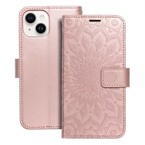  iPhone 14 könyvtok, fliptok, telefon tok, mágneszáras, bankkártyatartós, mandala mintás, rose gold, Forcell Mezzo
