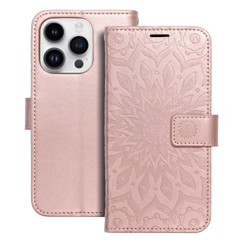 iPhone 14 Pro könyvtok, fliptok, telefon tok, mágneszáras, bankkártyatartós, mandala mintás, rose gold, Forcell Mezzo