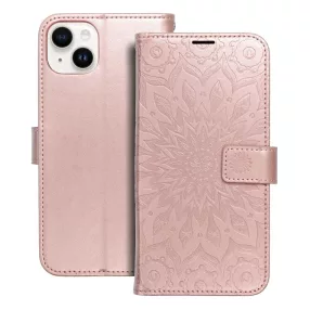   iPhone 14 Plus könyvtok, fliptok, telefon tok, mágneszáras, bankkártyatartós, mandala mintás, rose gold, Forcell Mezzo