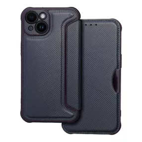   iPhone 14 könyvtok, fliptok, telefon tok, ütésálló, bankkártyatartós, mágneszáras, karbon mintás, sötétkék, Razor