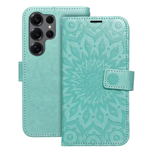 Samsung Galaxy S23 Ultra 5G könyvtok, fliptok, telefon tok, mágneszáras, bankkártyatartós, mandala mintás, zöld, Forcell Mezzo
