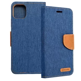   iPhone 15 Plus könyvtok, fliptok, telefon tok, mágneszáras, bankkártya tartós, kék, Canvas