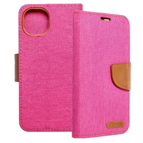   iPhone 15 Plus könyvtok, fliptok, telefon tok, mágneszáras, bankkártya tartós, rózsaszín, Canvas