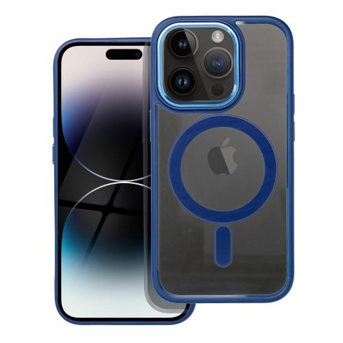 iPhone 14 Pro hátlaptok, telefon tok, MagSafe kompatibilis, átlátszó, kék kerettel, Color Edge Mag Cover