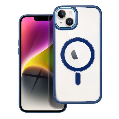 iPhone 14 Plus hátlaptok, telefon tok, MagSafe kompatibilis, átlátszó, kék kerettel, Color Edge Mag Cover