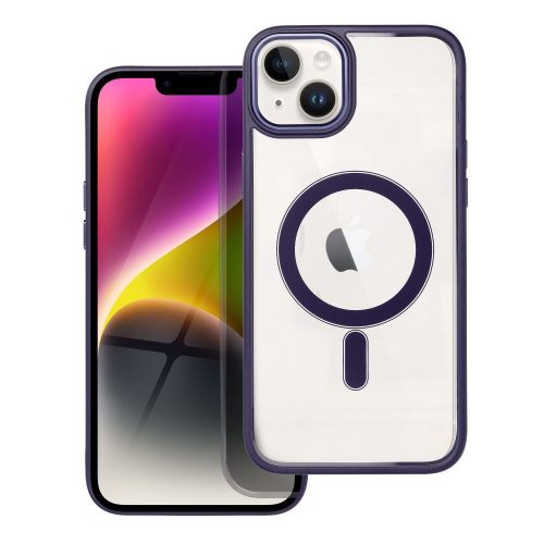 iPhone 14 Plus hátlaptok, telefon tok, MagSafe kompatibilis, átlátszó, lila kerettel, Color Edge Mag Cover
