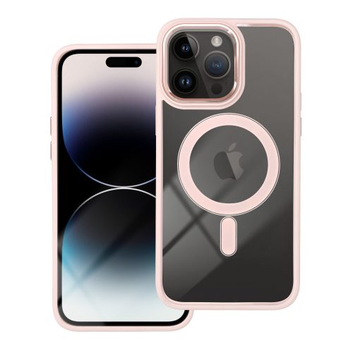 iPhone 14 Pro Max hátlaptok, telefon tok, MagSafe kompatibilis, átlátszó, púderrózsaszín kerettel, Color Edge Mag Cover