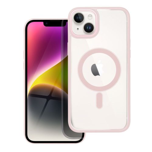 iPhone 14 Plus hátlaptok, telefon tok, MagSafe kompatibilis, átlátszó, púderrózsaszín kerettel, Color Edge Mag Cover