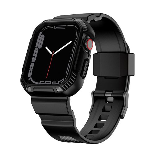 Apple Watch 4 / 5 / 6 / 7 / 8 / 9 / SE / SE2 okosóra tok és szíj, TPU / szilikon, fekete, 42/44/45mm, Lito Carbon Rugged Armor