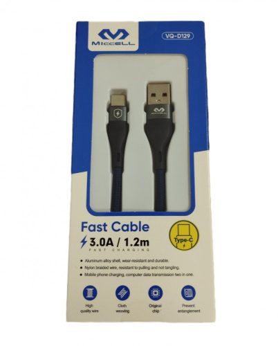 USB-C (Type-C) adatkábel, töltőkábel, USB-USB-C, kék, 3A 1.2m, Miccell VQ-D129