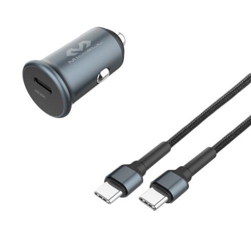 Szivartöltő fej, autós töltő, USB-C (Type-C) port + USB-C-USB-C (Type-C) adatkábel, töltőkábel, 3A/20W, 1M, szürke, Miccell VQ-C15