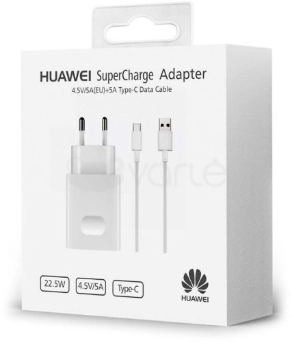 Hálózati töltőfej, adapter + Type-C adatkábel, töltőkábel, SuperCharge, 5A 4,5V 1m, fehér, gyári, csomagolt, Huawei AP81 HW-050450E00