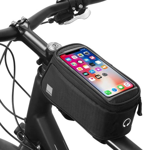 Univerzális kerékpáros / biciklis tartó, táska, 6,5", vázra szerelhető, vízálló, fekete, 0,8L, fülhallgató kimenet, Sahoo 12496L-CA5-SA