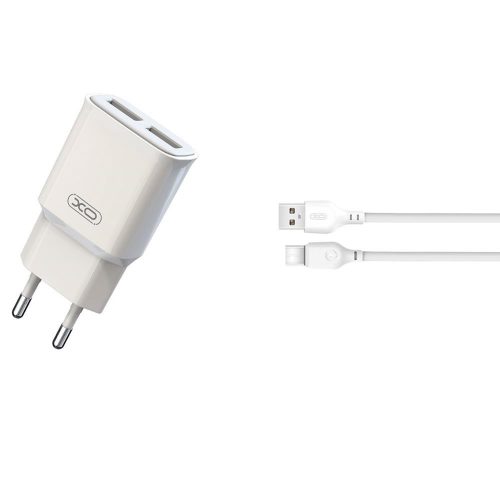 Hálózati töltőfej, adapter, 2 USB port + Type-C adatkábel, töltőkábel, 2.4A, fehér, XO-L92C