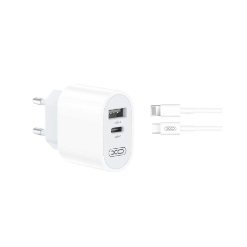 Hálózati töltőfej, adapter, USB és Type-C port + iPhone 8pin, lightning adatkábel, töltőkábel, 2.4A, fehér, XO-L97